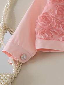 2pcs Baby Girl Princess Style 3D Rose Lapel Short Jacket & Matching Patchwork Skort Set, Spring/Autumn Lightweight - Baby Pink - View 6