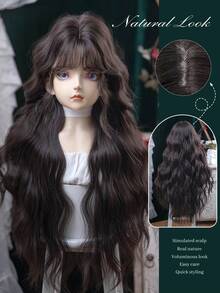 alicegarden 32-Inch Long Synthetic Wig Featuring A Natural Wavy Style In A A Stunning Black-Brown. Designed With Bangs , This False Hairpiece Is Perfect For Ms Daily Party Cosplay Use, Offering A Natural And Natural Durable Wig Gift For Ladies. - Black Brown - View 1