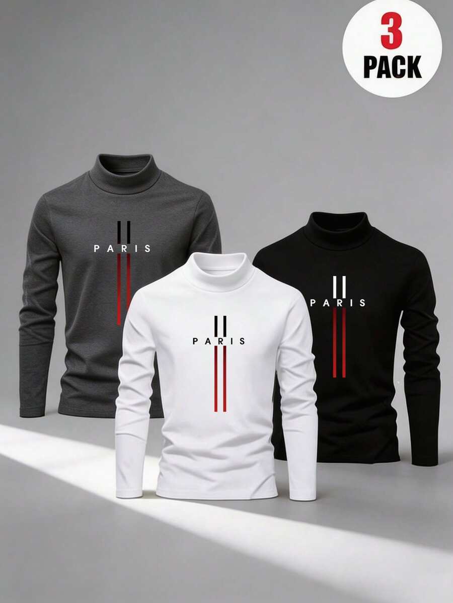 Tween Boys 3 Packs PARIS Graphic Mock Neck Long Sleeve Basic Tees, Soft Stretchy Casual Undershirts - Multicolor - View 1