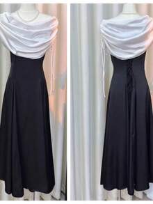 Women's Sleeveless Wrap Fitted Dress, Casual Fashion, Sexy Elegant Fall - Black and White - View 11