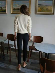 MORI Autumn/Winter Y2K Elegant Beige Faux Collar Zipper Placket Ribbed Trim Cable Knit Sweater Top For Women, Casual Outing And Vacation Outfit - Off-white - View 10