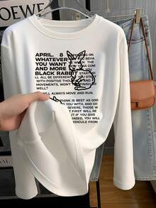 Women's Graphic Print Long Sleeve T-Shirt, Loose Fit Basic Pullover Top, Autumn INS Style - White - View 1