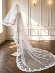 Cathedral Wedding Bridal Veil, 1 Layer, 3m Long Soft Tulle With Lace And Floral Trim, Vintage Style, For Bridal Veil. - White - View 10