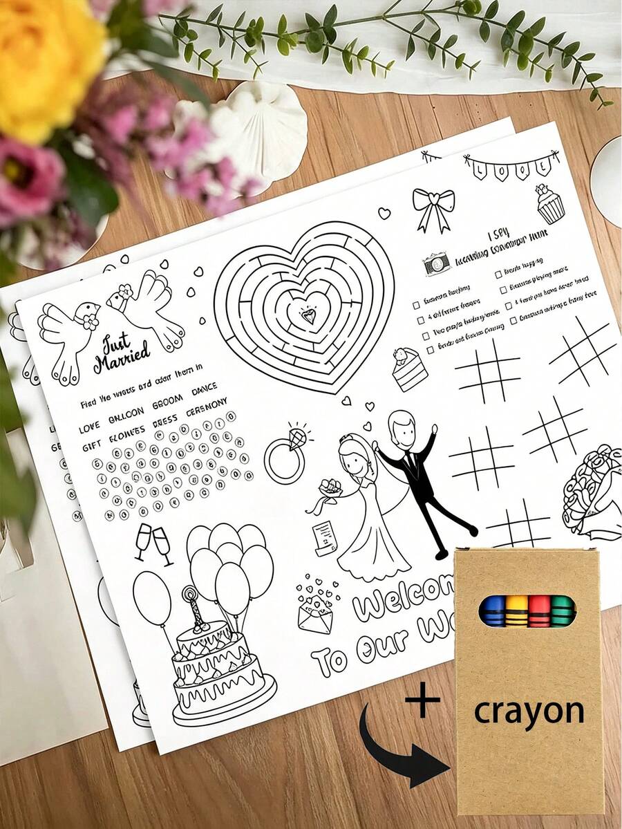 Juego de actividades con temática de boda interactivo, incluye felpudo de bienvenida y tarjetas para colorear, viene con rompecabezas, juegos de números y patrones de corazón & pastel; material de papel, apto para uso con crayones, ideal como recuerdos de boda o actividades de entretenimiento para invitados