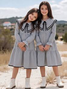 Tween Girls Tween Girl Autumn/Winter Transition Season Autumn Dress, Comfortable Loose Fit, Black & White Striped Color Block, Layered Ruffle Collar, Bowknot Rope Tie, Doll Style A-Line Ruffle, Cute Pastoral Vacation Casual Everyday - Multicolor - View 1