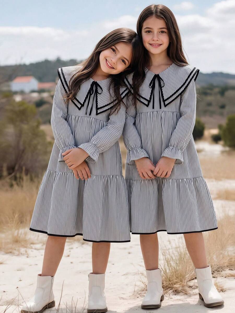 Tween Girls Tween Girl Autumn/Winter Transition Season Autumn Dress, Comfortable Loose Fit, Black & White Striped Color Block, Layered Ruffle Collar, Bowknot Rope Tie, Doll Style A-Line Ruffle, Cute Pastoral Vacation Casual Everyday - Multicolor - View 1
