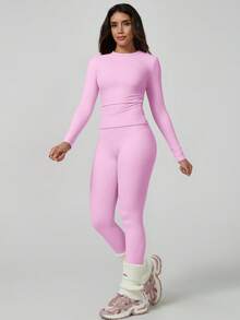 NcmRyu 1 Set Pakaian Olahraga Wanita Lengan Panjang & Celana Panjang Ketat Elastis Pembentuk Tubuh Seksi Warna Pink Musim Semi - Berwarna merah muda - View 7