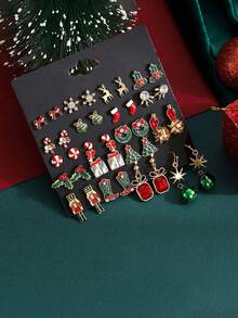1 Set 20 Pairs Christmas Tree Bow Tie Snowman Reindeer Earrings Set For Women Suitable For Christmas Party - Multicolor - View 4