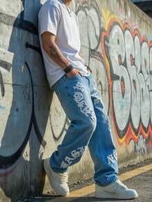 Men's Embroidered Loose-Fit Jeans – Casual, Comfortable Denim - Medium Wash - View 4