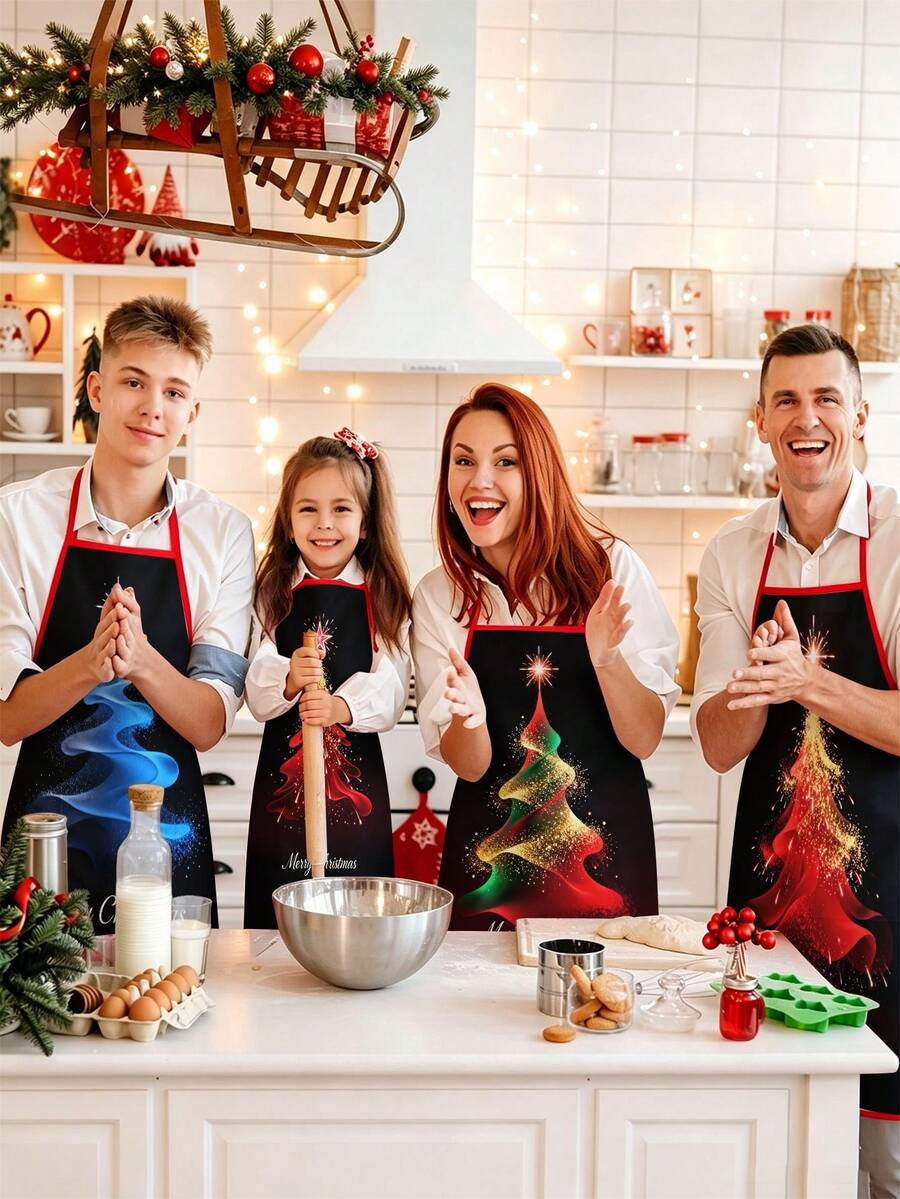 4pcs Christmas Cartoon Character Print Apron Set, Penguin Santa Snowman Elf Pattern Kitchen Cooking Baking Aprons For Holiday Party Home Decoration - Multicolor - View 1