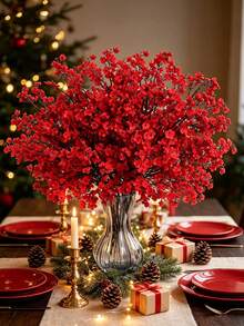 3pcs Christmas Artificial Red Plum Blossom 5-Pronged Faux Flowers, Suitable For Christmas Tree, Table Centerpiece Decoration, Holiday Party Decor, Winter Theme Party, Home Decor, Tabletop Vase - Multicolor - View 1