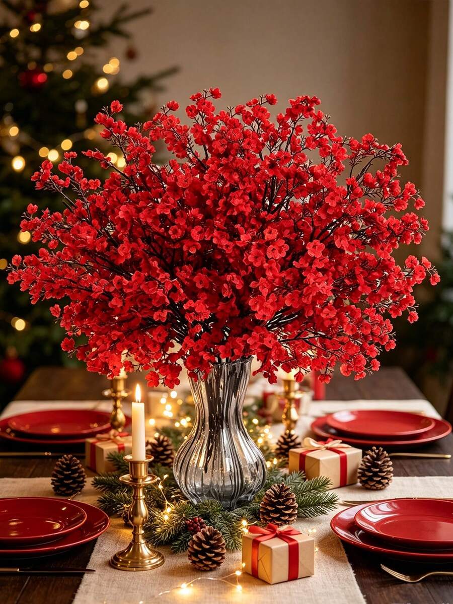 3pcs Christmas Artificial Red Plum Blossom 5-Pronged Faux Flowers, Suitable For Christmas Tree, Table Centerpiece Decoration, Holiday Party Decor, Winter Theme Party, Home Decor, Tabletop Vase - Multicolor - View 1