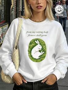 Relaxed Fit Cotton Crew Neck Sweatshirt With Green Rabbit Graphic And Letter Print For Young Adults, Breathable Casual Pullover - White - View 3