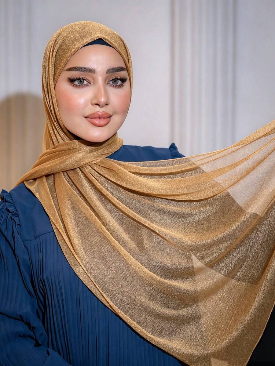 1pc Spring/Summer Casual Versatile Modest Minimalist Solid Color Soft Breathable Lightweight Muslim Hijab Scarf - MSL540 Gold - View 1