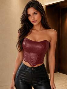 Yuwenier Retro Solid Color Floral Asymmetric Hem Boned Tie-Up Backless PU Leather Bustier Corset, Suitable For Music Festivals, Halloween, Women Fall - Burgundy - View 1