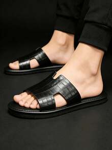 Men's Crocodile Embossed Slippers, Hollow-Out Open Toe Slip-On Flat Bottom Retro Roman Sandals, Comfortable And Fashionable, Suitable For Beach, Swimming Pool, Indoor Casual Wear, Open Toe Beach Slippers, Available In Black, Brown - Black - View 2