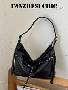 Metal Grommet Rivet Decor Wide Strap Weight-Relieving Design Zipper Closure American Vintage Motorcycle Style Hobo Tote Bag College Student Commuter Shopping Shoulder Underarm Bag Hot Girl Outfit Large Capacity Soft Bag - Black - View 9