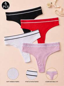 4pcs/Pack Women's Sexy Thong Soft Solid Color Minimalist Underwear - Multicolor - View 1