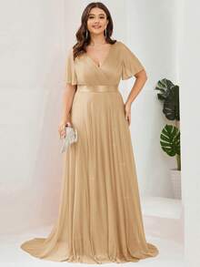 EVERPRETTY Gold & Champagne V-Neck Long Summer Dress, Elegant Bridesmaid/Mother Of The Bride Formal Gown Wedding Spring Party Fall - Gold - View 2