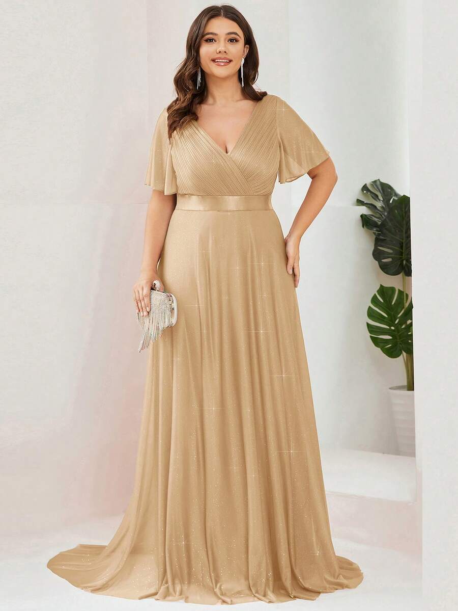 EVERPRETTY Gold & Champagne V-Neck Long Summer Dress, Elegant Bridesmaid/Mother Of The Bride Formal Gown Wedding Spring Party Fall