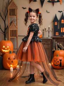 Young Girls Puff Sleeve Black Sequin Contrast Mesh Halloween Party Princess Dress With Train, Suitable For Prom, Does Not Include Headband And Bag - Orange - View 3