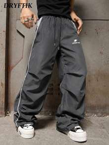 Men's Casual Long Pants With Side White Line Design, Drawstring Elastic Waist, Shining Star Pentagram Print, Front And Back Curved Stitching - Dark Grey - View 1