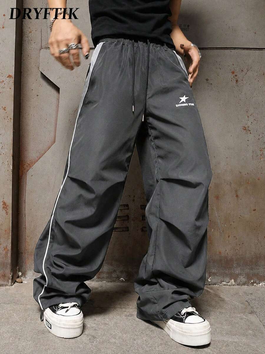 Men's Casual Long Pants With Side White Line Design, Drawstring Elastic Waist, Shining Star Pentagram Print, Front And Back Curved Stitching - Dark Grey - View 1