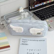 Cute 3D Wing Decor Star Pattern Pencil Pouch, Zipper Canvas Stationery Storage Bag, Back‑To‑School Supplies For School Girls - Star Pencil Case - View 15