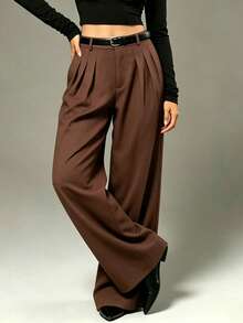 Women's Commuter High Waist Pure Pleated Loose Wide Leg Suit Pants - Brown - View 4