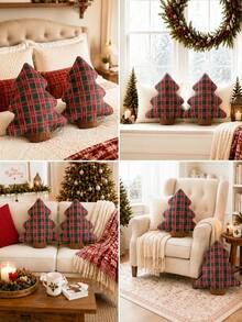 1pc Christmas Tree Shaped Plaid Pattern Throw Pillow, Soft Filled Decorative Cushion, Christmas Holiday Home Decor Pillow, Suitable For Sofa, Living Room, Bedroom - Red and Green Plaid - View 6