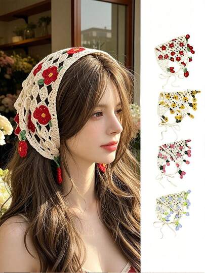 1pc Women's Crochet Flower Bohemian Knitted Triangle Headscarf, Hollow Lace Tie-Up Hair Band, Ladies Beach Vacation Hair Accessory