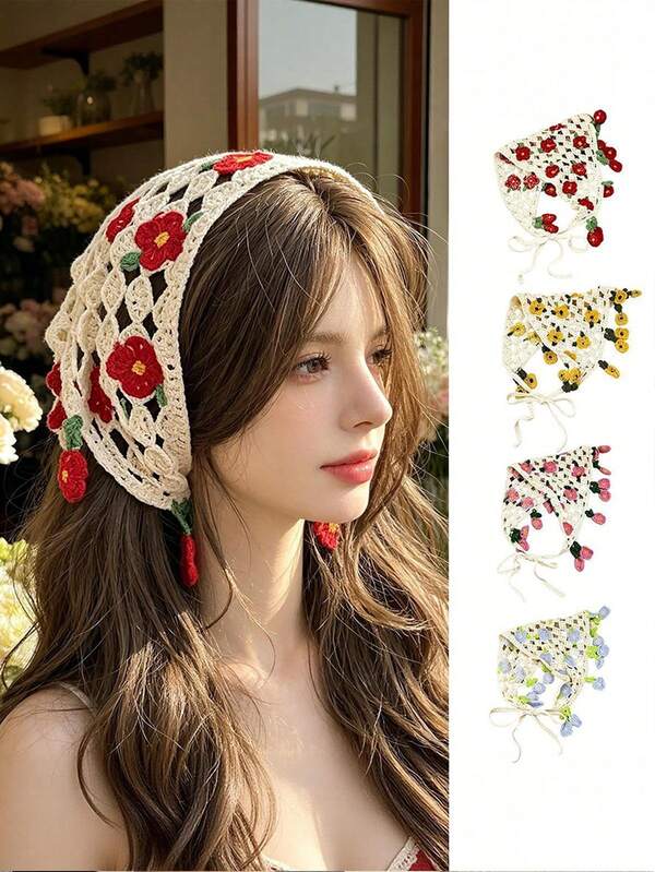 1pc Women's Crochet Flower Bohemian Knitted Triangle Headscarf, Hollow Lace Tie-Up Hair Band, Ladies Beach Vacation Hair Accessory