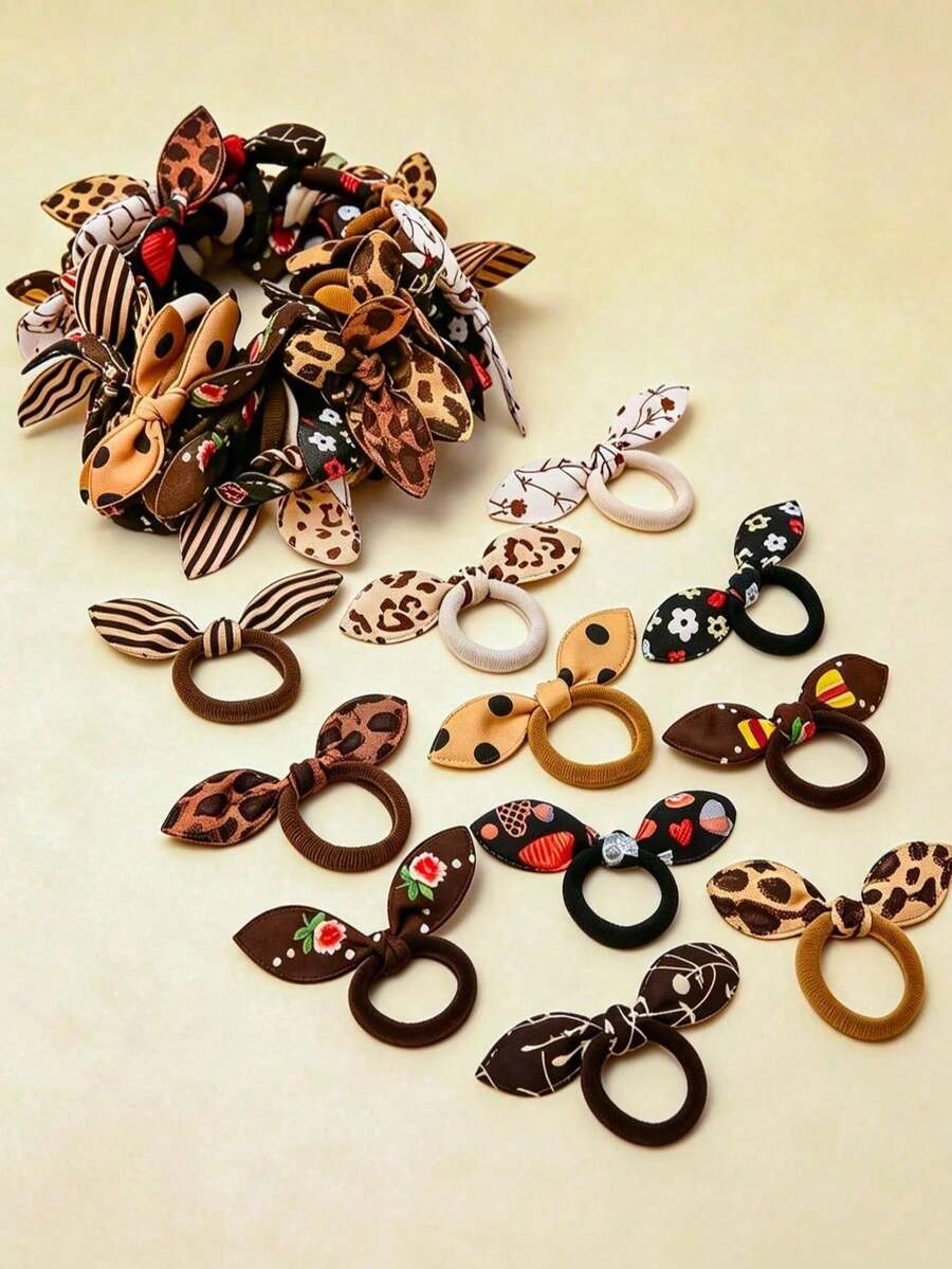 10pcs Girls Cute Coffee Color No-Ear Print High Elasticity Hair Ties Suitable For Daily Matching - Random Style - Multicolor - View 1