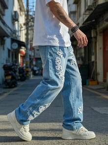 Men's Embroidered Loose-Fit Jeans – Casual, Comfortable Denim - Medium Wash - View 5