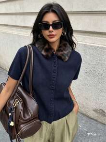 DEEKA Autumn/Winter New Women's European And American Style Fashion Animal Print Collar Knit Cardigan Summer - Navy - View 1
