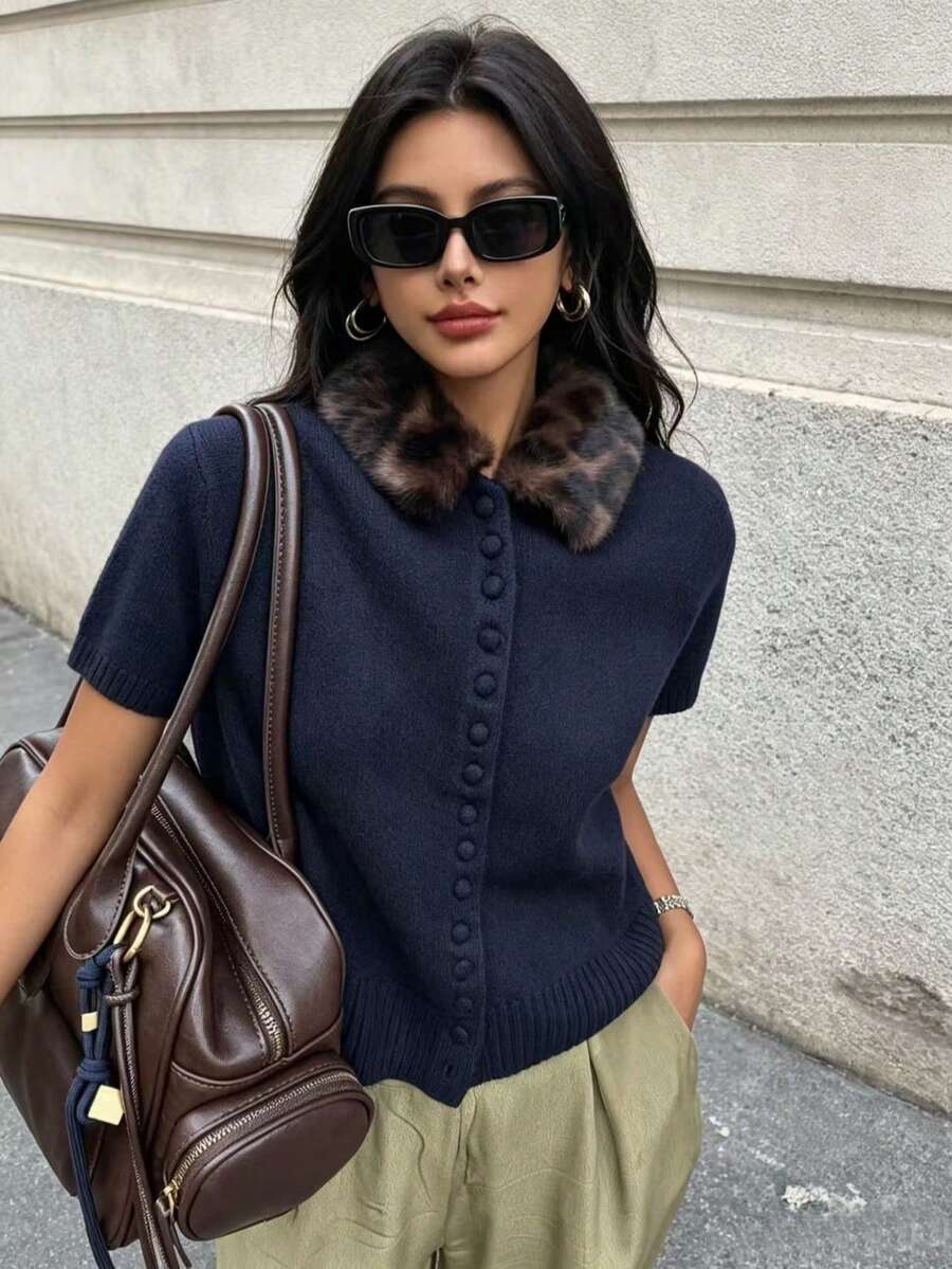 DEEKA Autumn/Winter New Women's European And American Style Fashion Animal Print Collar Knit Cardigan Summer - Navy - View 1