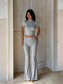 Women's Autumn Fashion Casual Solid Color Short Sleeve Top And Ruched Pants 2 Pieces Set - Grey - View 7