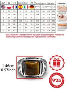 S925 Sterling Silver Square Natural Tiger Eye Stone Men's Ring, European And American Vertical Stripe Wide Band Men's Ring With Gift Box - Silver - View 2