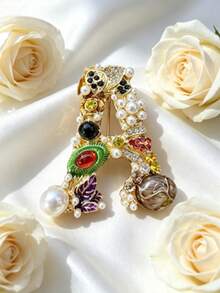 1pc Colorful Letter Shaped Hat Pin, Baroque Luxury Style Brooch, Unisex, Elegant Personalized Fashion Accessory For Daily Wear And Party - Multicolor - View 3