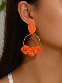 1 Pair Multi-Color Raffia Woven Flower & Leaf C-Shaped Drop Earrings, Fashionable Exaggerated Beach Vacation Party Earrings - Orange - View 2
