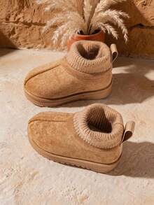 Boys Girls Slip‑On Snow Boots, Elastic Ribbed Sock Cuff Heel Pull‑Tab Thick Plush Lining Outdoor Cold‑Proof Baby Winter Boots - Brown - View 5