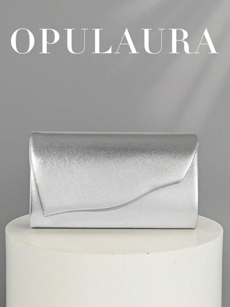 OpulAura 女款時尚極簡金屬線裝飾信封手拿包 PU 皮革晚宴包,適合婚禮、舞會及正式場合 - 銀色 - 查看 1
