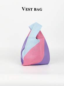 Macaron Colorblock Knitted Handbag, Pink Purple Blue Contrast Color Minimalist Woven Mini Bag - Pink - View 5