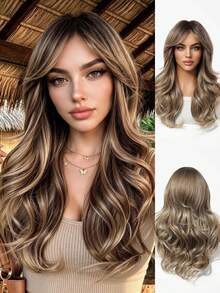 18‑Inch Long Wavy Wig With Brown‑Gold Highlights, Breathable Mesh‑Cap High‑Temperature‑Resistant Synthetic Wig, Suitable For Daily Commuting, Halloween And Christmas Parties - Multicolor - View 13
