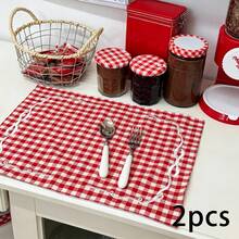 1/2/6pcs French Ins Style Red Plaid Bow Embroidery Placemats, Vintage Pastoral Artistic Decorative Fabric Heat-Insulating Table Mats For Afternoon Tea - Red - View 9