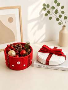 1pc/Christmas Style Hand-Woven Storage Basket, Home Living Room Storage Box, Desktop Organizer For Sundries And Snacks, Suitable For Christmas, Home Decor, Indoor/Outdoor, Party/Party Decoration, Christmas Room Decoration, Christmas Gift, Christmas Party Gift - Multicolor - View 3