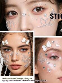3D Butterfly Bow Face Jewels Stickers Self‑Adhesive Rhinestone Crystal Face Gems With Heart Pearl Beads, DIY Facial Eye Hair Body Decor For Rave Festival Party Cosplay Stage Performance - Multicolor - View 10