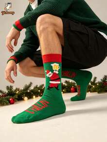 1 Pair Christmas Funny Mid-Calf Socks, Quirky Santa Claus Beer Mug Letter Holiday Socks For Men And Women - Green - View 2