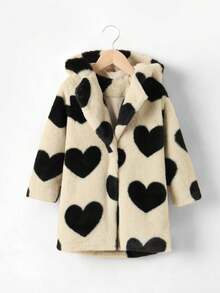 Tween Girls Heart Pattern Faux Fur Hooded Coat Winter Warm Fleece Fuzzy Thermal Jacket - Khaki - View 2