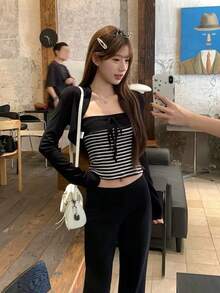 Fashionable 2 Pieces Set Black Elegant Long Sleeve Cardigan Short Jacket And Striped Bandeau Tank Top For Women Autumn/Winter - Black - View 7